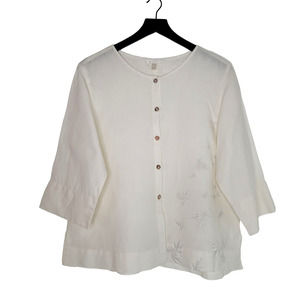 Kleen Linen Tunic Top S Cream Button Up Lagenlook‎ Collarless Embroidery Minimal